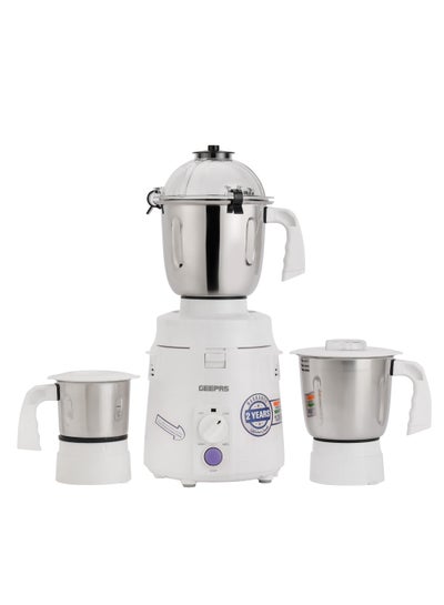 اشتري 3 In 1 Mixer Grinder With Stainless Steel Blade & Jar, Multi Safe Protection, Anti Slip Feet, Heavy Duty Double Ball Bearing Motor, Low Vibration, High Power Transmission, Rotary Speed Control 1200 W GSB44114 White في الامارات