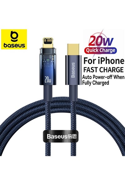 Buy USB-C To Lightning Cable (1m), 20W Transparent Data Cable PD Charger Auto Power Off, Nylon Braided iPhone Cable With High-Speed Data Transfer For iPhone 14 13 12 11 Pro Max, XS X 8 7 6, iPad Blue in UAE