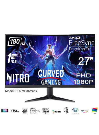 Buy Nitro Gaming Monitor 27" Inch Curved, Full HD (1920x1080) VA, 180Hz, ZeroFrame 1500R 16:9 1ms(VRB) 250nits, AMD FreeSync Premium, 2xHDMI DP MM Audio Out HDR10 FreeSync Premium H.cable x1 - ED271 P3bmiipx Black in Saudi Arabia