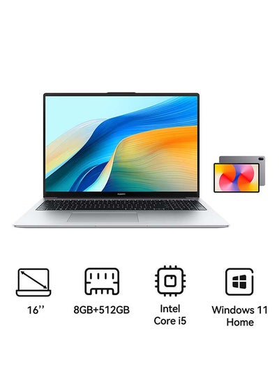 Buy MateBook D 16 Laptop with 16 Inch Eye Comfort FullView Display, Core i5-12450H Processor/8GB RAM/512GB SSD/Intel UHD Graphics/Windows 11 Home + HUAWEI TABLET Matepad SE 11 6GB +128GB Wifi English/Arabic Silver in Saudi Arabia