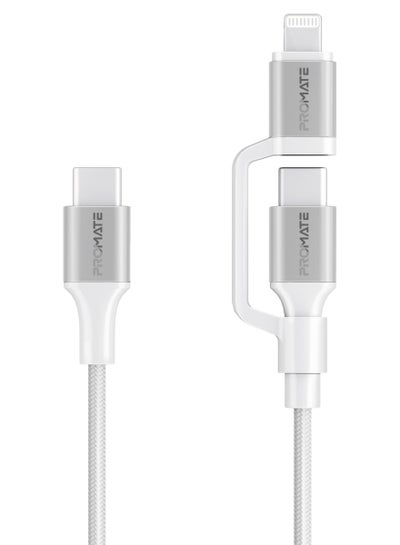 Buy 3-in-1 MFI Lightning And USB-C Cable With Interchangeable Connectors,60W USB-C Output,27W Lightning Output, 480Mbps Data Transfer, Sync & Charge, Tangle-Free Nylon Braided, PowerLink-CCi White in Saudi Arabia