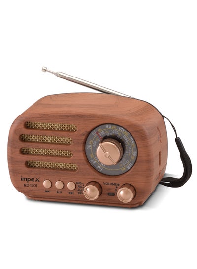 اشتري Rechargeable Bluetooth Speaker With FM Radio,3 Band FM/AM/SW, Powerful Sound, Wooden Stylish Design, Support USB/TF Card,1200 mAh Long Life Battery, RD 1201 Wooden في السعودية