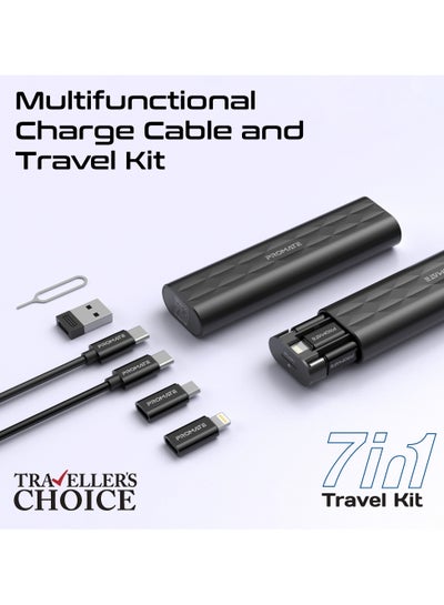 Buy 7-in-1 Travel Kit with 60W USB-C Charging Cable, USB-C to Lightning, USB-A and Micro-USB Adapter, Micro and Nano SIM Card Slots, TF Card and SIM Eject Pin in Mini Design Black in Saudi Arabia