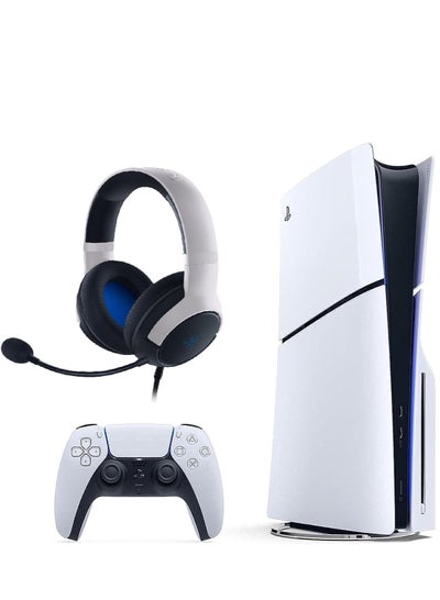 Buy PlayStation 5 With Blu-Ray Disc Version (New Model) - Official KSA Version With Razer Kaira X Wired Headset for Playstation 5, PC, Mac & Mobile Devices - Triforce 50mm Drivers, HyperClear Cardioid Mic, Flowknit Memory Foam Ear Cushions, On-Headset Controls - White/Black in Saudi Arabia