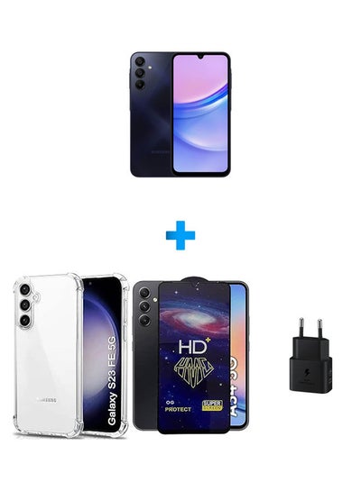 اشتري Galaxy A15 Blue Black 256 GB 4G lte With Case Soft TPU Silicone Bumper Corner Full Camera Protection Cover Clear And HD Plus Super Glass Screen Protector Black And Samsung USB-C Wall Charger, 25 Watt في مصر