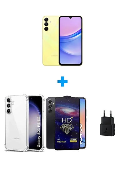 Buy Galaxy A25 Yellow 256 GB 5G lte With  Case Soft TPU Silicone Bumper Corner Full Camera Protection Cover Clear And HD Plus Super Glass Screen Protector Black And Samsung USB-C Wall Charger, 25 Watt Black in Egypt