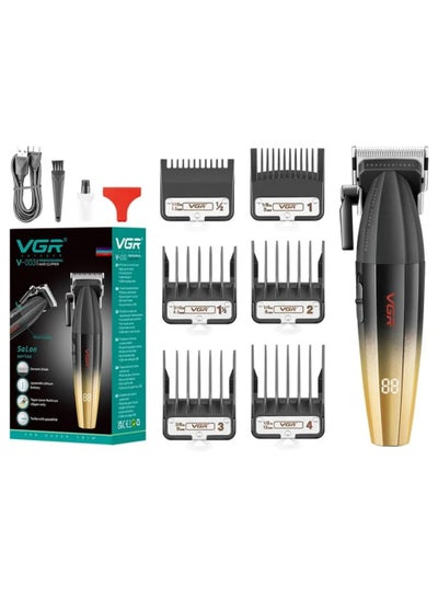 اشتري V-003 Professional Super Quality 9000RPM 2 Speed ​​Hair Clipper Ceramic Powder Coating Metal Blade Digital Display 2500mAh Battery 4 Adjustable Taper Lever 6 Guide Combs (Gold) في مصر