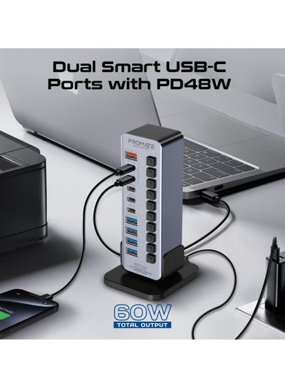 Buy Promate 14-In-1 Multiport 60W USB-C Tower Hub, with (3) 5Gbps USB-C™ Ports, 4 USB-A™ Ports, 2 Fast Charging upto 45W USB-C Ports, Individual On/Off Switches , Plug and Play Grey in Saudi Arabia