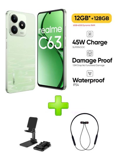 Buy Realme C63 Dual SIM Jade Green 6 GB RAM 128 GB 4G GSM/LTE/UMTS Middle East Version With Adjustable Desktop Stand for Phones/Tablets Black+ Bluetooth Headset Sports Black in Egypt