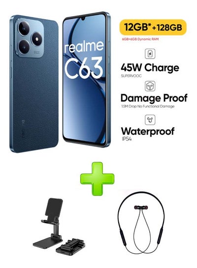 اشتري Realme C63 Dual SIM Leather Blue 6 GB RAM 128 GB 4G GSM/LTE/UMTS Middle East Version With Adjustable Desktop Stand for Phones/Tablets Black+ Bluetooth Headset Sports Black في مصر