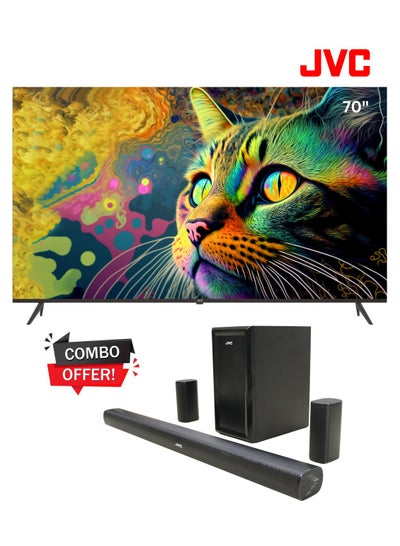 Buy 70 Inch Edgeless 4K UHD Android 13 Smart TV + JVC 5.1 Channel Soundbar With Wireless Subwoofer Combo LT-70N7105+TH-N430B Black in UAE