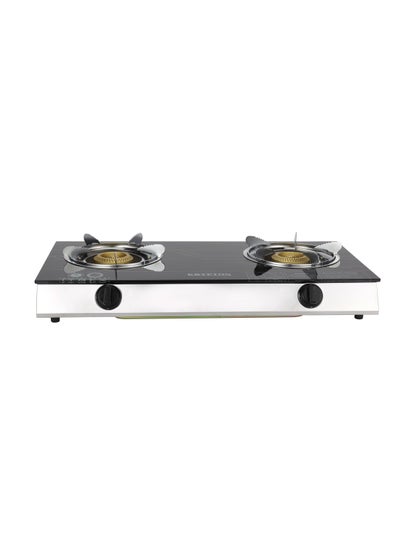 Buy Double-burner Gas Burner with Tempered Glass |Auto-Ignition | Stainless Steel Frame and Tray & Comfortable Knobs | Low Gas Consumption | Perfect for All Types of Kitchen| KNGC6571 Black in UAE