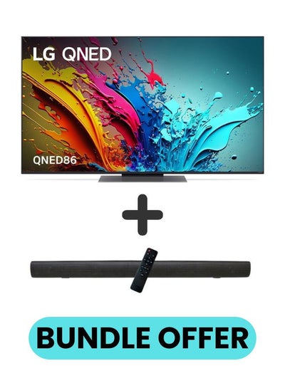 اشتري 55 Inch QNED86 4K Smart TV with HDR10 Pro, 120Hz, α8 AI Super Upscaling 4K, α8 AI Processor, webOS 24, and 2.0 Channel 600W Soundbar, Bluetooth, USB, FM Radio, TH-N322B + 55QNED86T6A+SOUNDBAR Black في الامارات