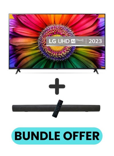 Buy 65 Inch UHD UR80 4K Smart TV with HDR10 Pro, 50Hz, α5 AI Processor 4K Gen6, webOS 23, and 2.0 Channel 600W Soundbar, Bluetooth, USB, FM Radio TH-N322B + 65UR80006LJ+SOUNDBAR Black in UAE