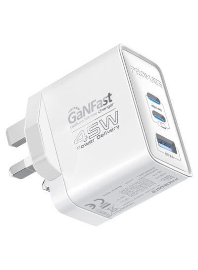 Buy 45W Power Delivery GaNFast™ Charger, Dual USB-C 45W Ports, and Quick Charge USB-A 22.5W Port White in Saudi Arabia