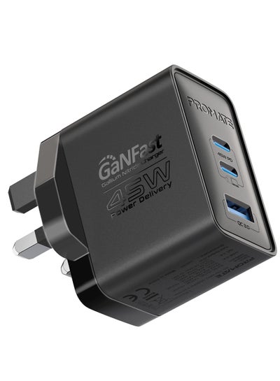 Buy 45W Power Delivery GaNFast™ Charger, Dual USB-C 45W Ports, and Quick Charge USB-A 22.5W Port Black in Saudi Arabia