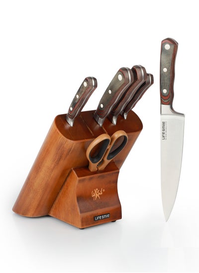 Buy Kitchen Knife Set -Professional 7 PCS Knife Set With Wood block High Carbon Stainless Steel Durable handle Include Scissors - Ultra Sharp - Brown in UAE