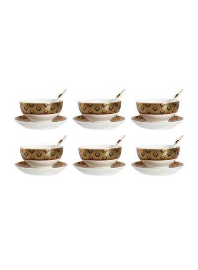 Buy Elan Soup Bowl With Saucer/Spoon Set Of 6 Gold/Black in UAE