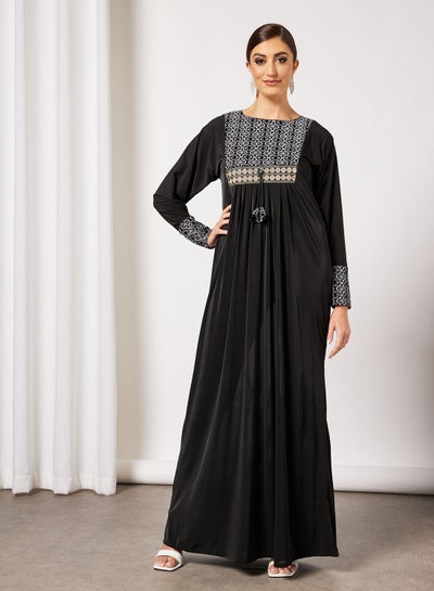 Buy Jersey Abaya With Contrasting Panel And Front Embroidery in Saudi Arabia