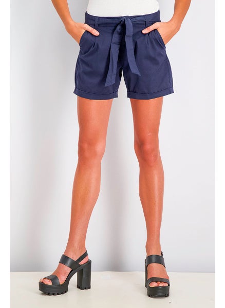 Buy Women Belted Plain Shorts, Navy in Saudi Arabia