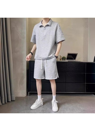 اشتري Trendy Waffle Knit Polo Casual Suit Gray في السعودية