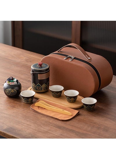 اشتري Travel Tea Set 4 Cups 1 Pot 1 Tea Caddy Ceramic Portable Teapot and Tea Cup Set Brown Leather Travel Bag for Home Office Outdoor Camping Picnic في الامارات