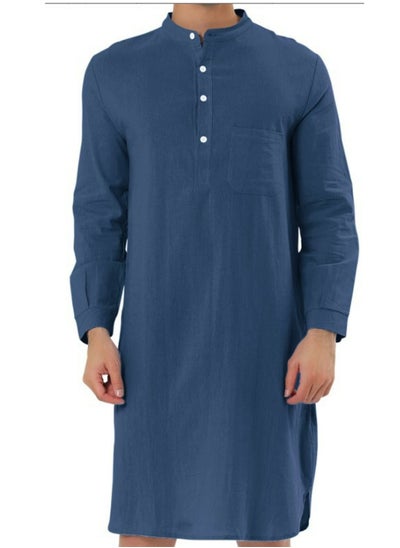 اشتري Men's Muslim Stand Collar Robe Thobe Solid Color Long Sleeve Kaftan Casual Shirt Navy Blue في الامارات