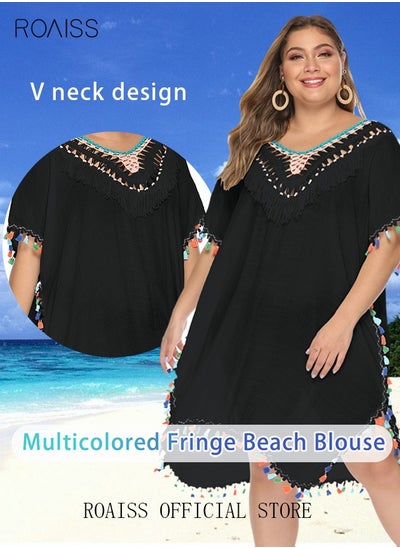 Buy Women Lace-up Beach Blouse with Fringe Trim Cover Up Beachwear Embroidery Mesh Dress Casual Bathing Suit Sunscreen Swim Skirt Hollow Lace Cardigan for Summer Black in Saudi Arabia