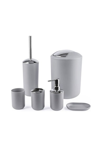 Buy Bathroom Accessories Set with Tray, 6 Piece Plastic Gift Bath Set with Trash Can, Toilet Brush, Soap Dispenser, Soap Dish, Lotion Set Tumbler Cup (Grey) in Saudi Arabia