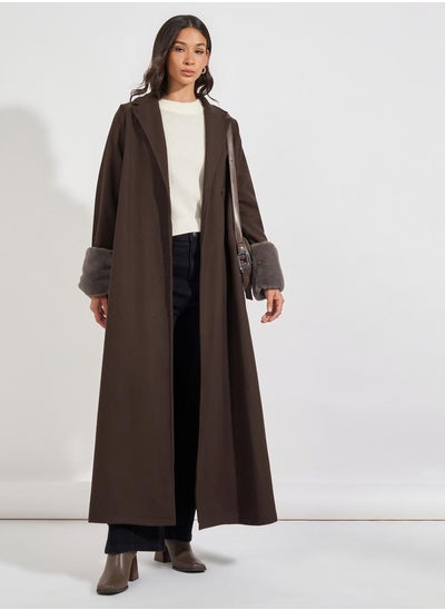 Buy Collared Abaya with Faux Fur Trim Cuff in Saudi Arabia