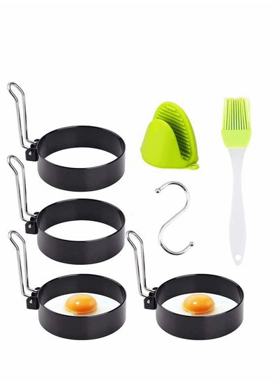 اشتري Egg Ring Mold 4 Pack Stainless Steel Non-Stick Metal Circle Shaper Round Egg Cooker Rings Maker Set For Frying Mcmuffin Shaping Eggs Sandwiches With Silicone Brush S-Shaped Hook Oven Glove في السعودية