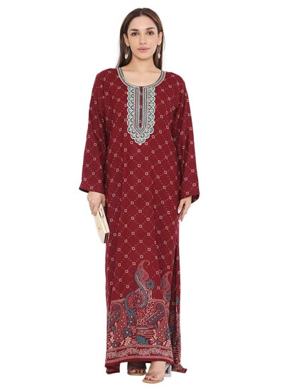 Buy LONG PRINTED VISCOSE WITH NECK EMBROIDERED ARABIC KAFTAN JALABIYA DRESS in Saudi Arabia