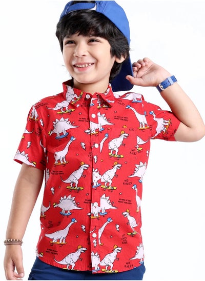 اشتري Babyhug Cotton Woven Half Sleeves Dino Printed Shirt - Red(12-24M) في الامارات