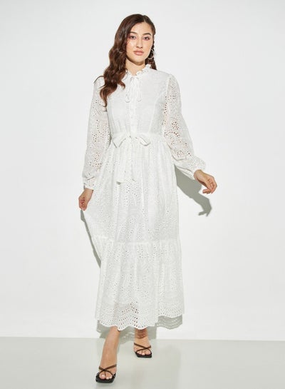 Buy 2Xtremz Broderie A-line Maxi Dress with Belt and Neck Tie-Up in Saudi Arabia