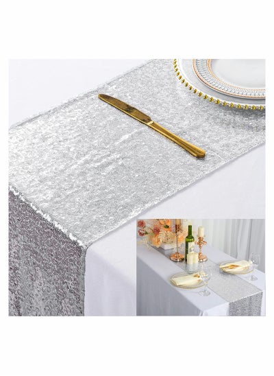 Buy Sequin Table Runner Glitter Fabric Table Linens Runner Fabric Decorations for Holiday Wedding Birthday Outdoor Party Decor 12x72 inch, Silver in UAE