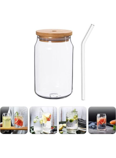 Buy Bamboo Lid Glass Jar, Shaped Glass Glass Clear Water Cup Juice Drink Cup with Straw Drinking Glass for Any Drink and Any Occasion (500ml) in UAE