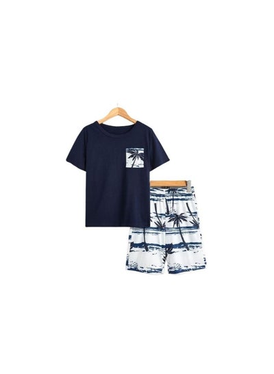 Buy Men's pajama set of two pieces, a black T-shirt with a graphic on it, and a white shorts with a graphic on it in Egypt