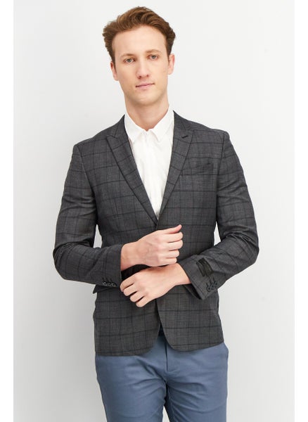 Buy Men Slim Fit Plaid Formal Blazer, Grey in UAE