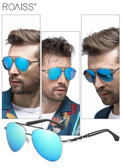 Buy Men's Aviator Polarized Sunglasses, UV400 Protection Sun Glasses with Bamboo Pattern Decoration, Fashion Anti-Glare Sun Shades for Men Driving, Fishing, Traveling, Silver Blue, 55mm in Saudi Arabia