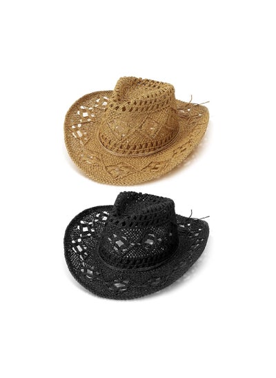 Buy Straw Western Cowboy Hat for Women Men, Summer Wide Brim Cowgirl Hat Beach Adults Sun Hat for Travel Hiking Outdoor, 2 Pcs in UAE