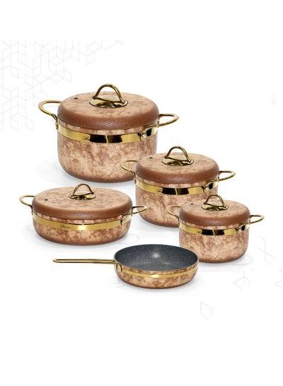 Buy Perfectly Designed Aluminum Cookware Pots and Pans Set of 9 Pieces, Beige/Brown/Gold in Saudi Arabia