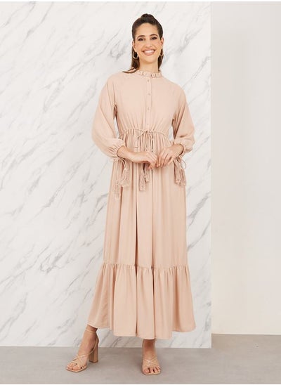 Buy Ruffle Trim High Neck Tie Up Sleeves Elasticated Waist Maxi Dress in Saudi Arabia