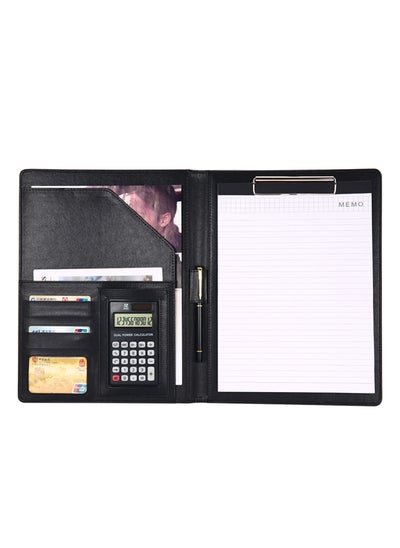 Buy Padfolio Folder Clipboard, Professional Leather Office Conference Executive Business Portfolio Case with Document Sleeve A4 Size Clipboard, Card Holders, calculator, Black in UAE