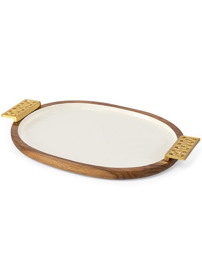 اشتري Damask Large Wooden Oval Tray, White & Gold - 53x36 cm في الامارات