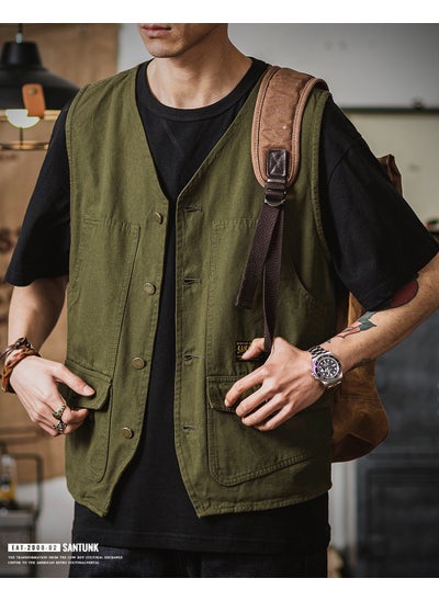 اشتري Factory goods direct supply new work vest mens summer Ami Khaji vintage vest sleeveless waistcoat outer wear fold wearArmy Green Army Green في الامارات