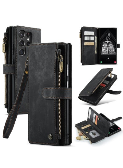 Buy For Samsung Galaxy S23 5G Ultra Wallet Case, with Wristlet Credit Card Holder Zipper PU Leather Protective Mobile Phone Case, Compatible with Samsung S23 Ultra Back Cover (Black) in Saudi Arabia