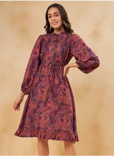 Buy Paisley Print A-Line Knee Length Dress with Puff Sleeves in Saudi Arabia