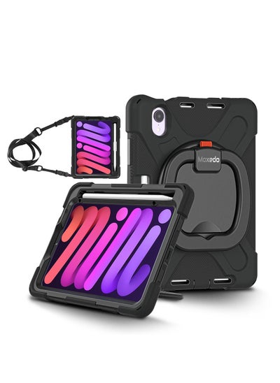 اشتري Moxedo Heavy Duty Shockproof Rugged Protective Colorful Case with 360 Rotating Kickstand, Shoulder Strap, and  Pen Holder for Kids Compatible for Apple iPad Mini 6 - Black في الامارات