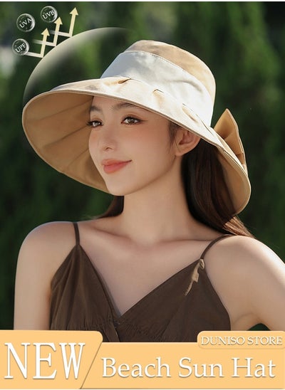 Buy Women's Foldable Sun Hat Big Bowknot Summer Wide Brim Roll Up Beach Cap Summer Solid Travel Beach Bucket Hats UV Protection UPF50+ for Vacation Outdoor Activities in UAE