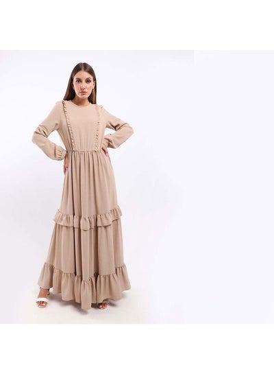 Buy ESLA Plain Long Sleeved Long Dress Dark Beige in Egypt